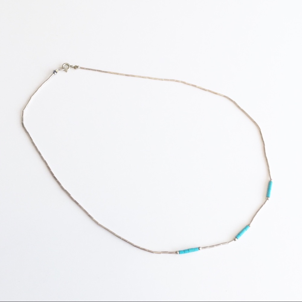 Sterling silver and turquoise tube bead dainty necklace - Picture 3 of 7